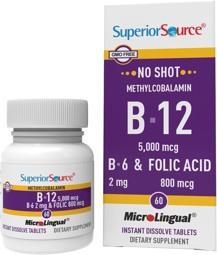 Superior Source No Shot Vitamin B12 Methylcobalamin (5000 mcg), B6, Folic Acid, Quick Dissolve Sublingual Tablets, 60 Ct, Increase Energy, Healthy Heart, Boost Metabolism, Stress Support, Non-GMO