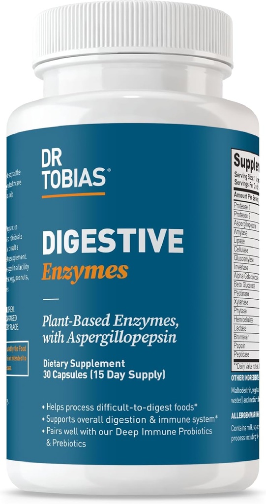 Dr. Tobias Digestive Enzymes with Amylase, Bromelain, Lipase, Lactase, Protease, Papain & More, Digestion Supplement with 18 Enzymes for Digestion and Gut Health, 30 Capsules, 15 Servings