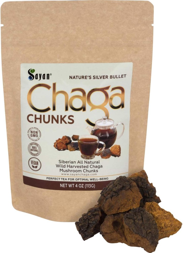 Sayan Siberian Pure Raw Chaga Mushroom Chunks with Black Top Crust 4 Oz / 113 g – Premium Wild-Harvested Antioxidant Tea for Immune Support, Focus and Digestive Health - Non-GMO