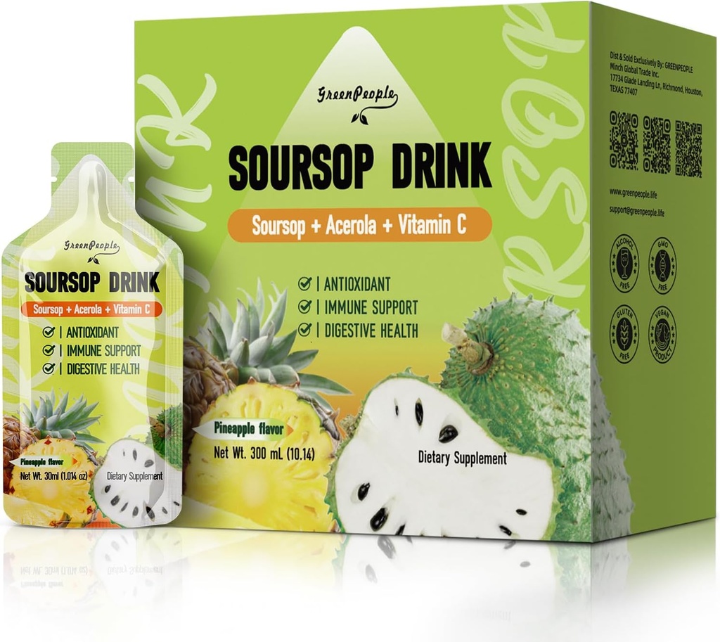 GREENPEOPLE Soursop & Acerola Liquid Supplement Drink, Soursop Bitters Liquid, Immune Boosting Vitamin C Drink, Fast Absorption, Vegan, Non-GMO, 10 Packets