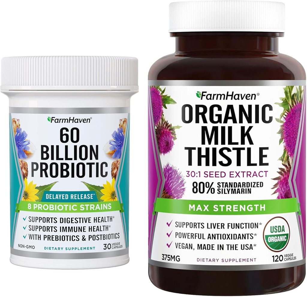 FarmHaven USDA Organic Milk Thistle Capsules and 60 Billion CFU Probiotic