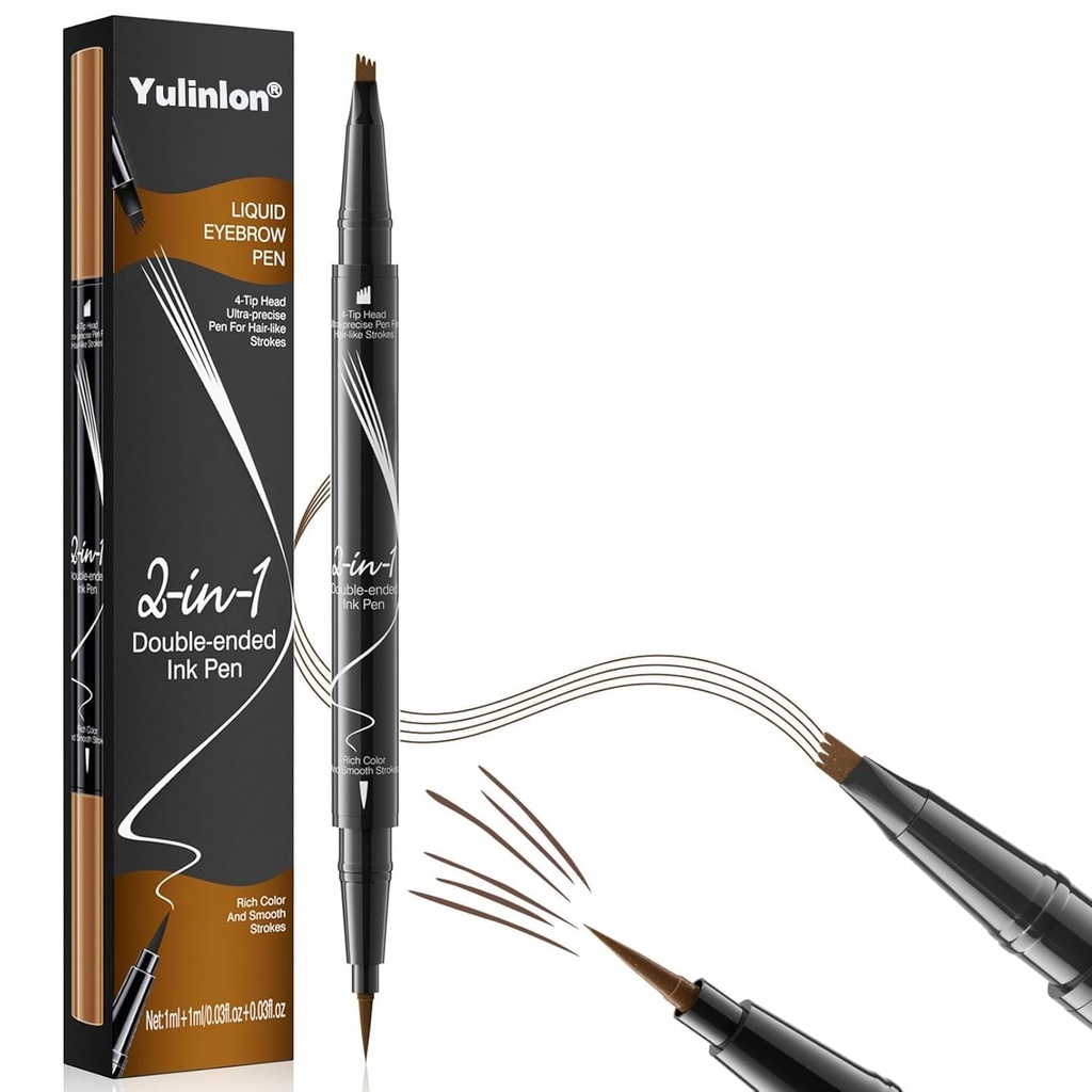 9706 2-in-1 Double-Ended Liquid Eyebrow Pen, 4 Tip Head& 1 Tip Ultra Fine Eyebrow Pen,Easily Draw Realistic Eyebrows, 4 Color, Waterproof (2#Dark Brown)