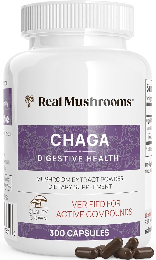 Real Mushrooms Chaga Mushroom Capsules – Organic Chaga Extract Powder with Extract Powder for Wellness & Energy Support– Vegan, Non-GMO, 300 Capsules – Organic Mushroom Supplement