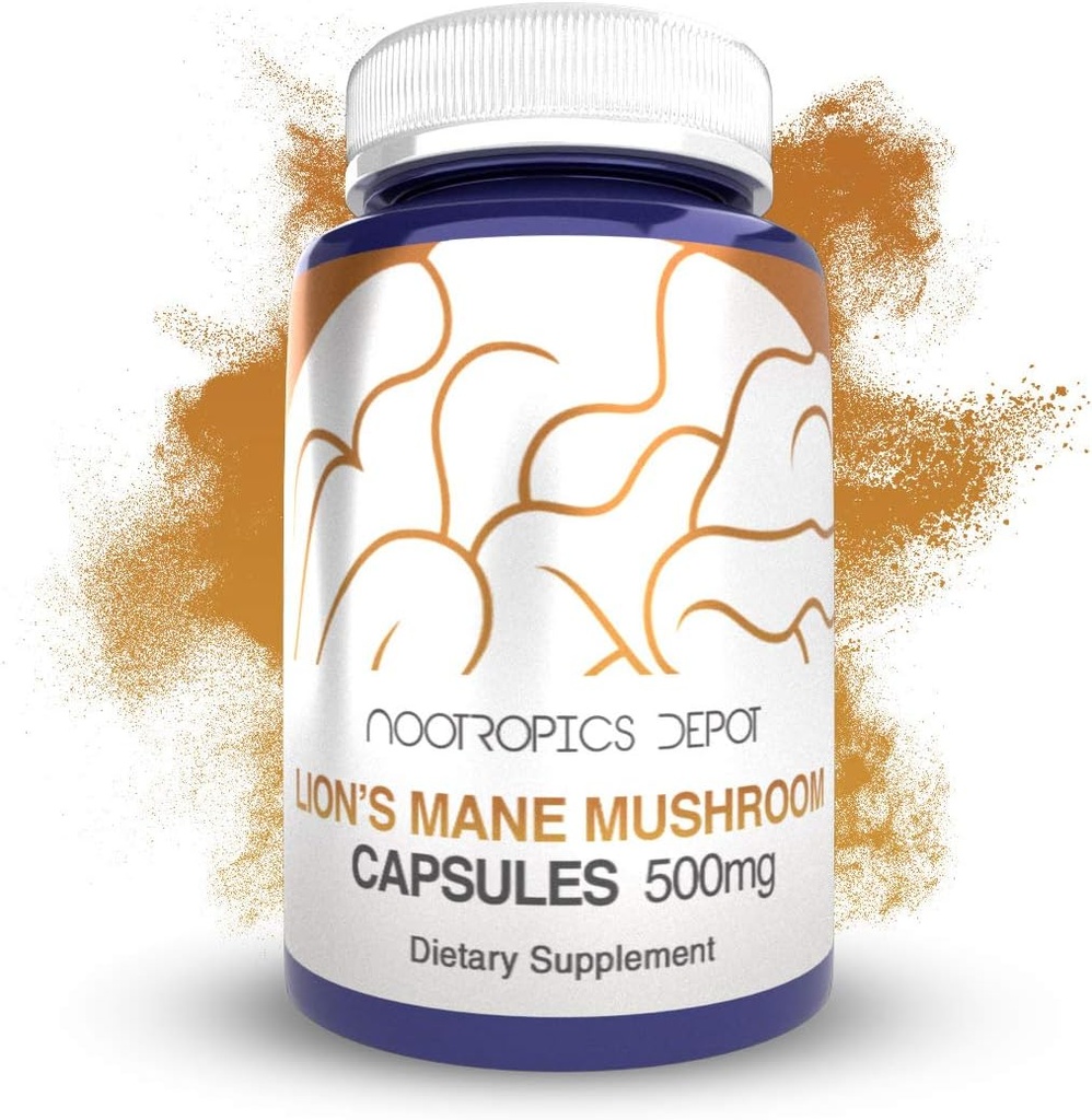Nootropics Depot Lions Mane Mushroom Capsules | 500mg | 60 Count | Hericium erinaceus | Whole Fruiting Body Mushroom Extract | Brain Health Supplement | Neuroprotective + Boosts Mood