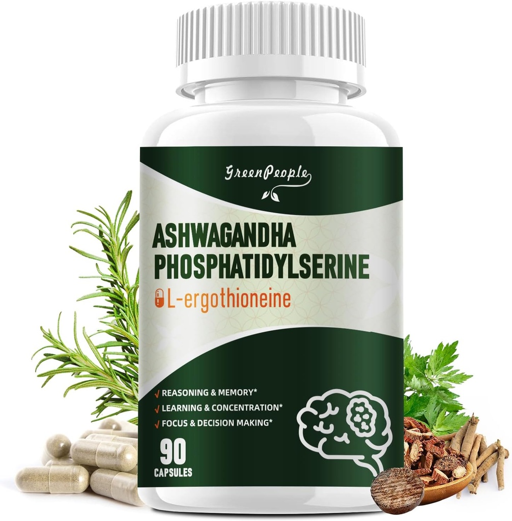 GREENPEOPLE L-Ergothioneine 25MG Complex Capsules - 90 CT 9 in1 Brain Supplement with Ashwagandha & Phosphatidylserine for Reasoning & Memory/Learning & Concentration/Focus
