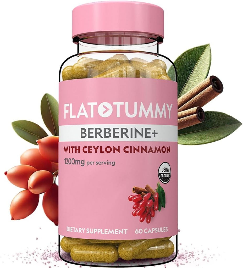 Flat Tummy Berberine Plus Supplement, 1200mg Berberine Per Serving, Post GLP-1 Berberine Supplement, Organic Berberine with Ceylon Cinnamon, 4:1 Potency – 60 Capsules