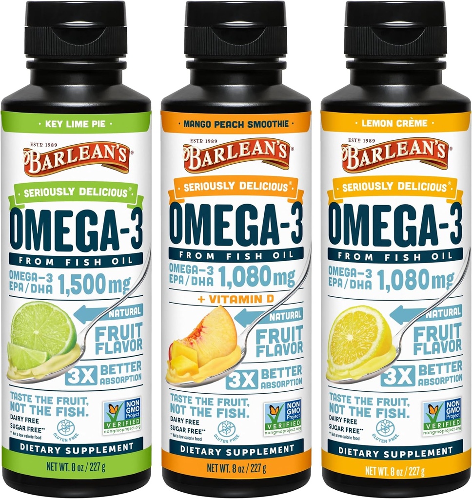 Barlean's Omega 3 Fish Oil Liquid Supplement for Men and Women, 1500mg of EPA and DHA Fatty Acid, Promotes Brain & Heart Health - Non-GMO, Variety Pack, 8 oz