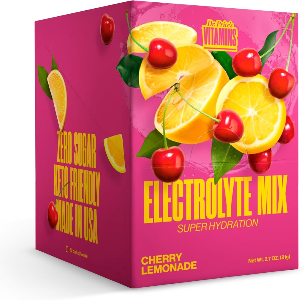 Dr. Price’s Electrolytes Powder Packets | Cherry Lemonade 30 Servings | Sugar Free Hydration Packets with 72+ Trace Minerals | Keto, Vegan, Electrolyte Drink Mix | Doctor-Formulated, Made in USA