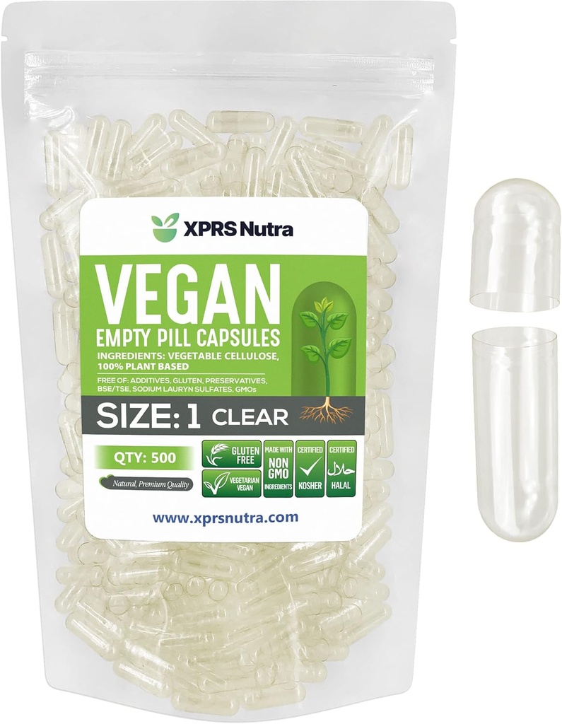 XPRS Nutra Size 1 Empty Capsules - 500 Count Clear Empty Vegan Capsules - Vegetarian Pills - DIY Vegetable Capsule Filling- Veggie Pill Caps for Do-It-Yourself Supplements