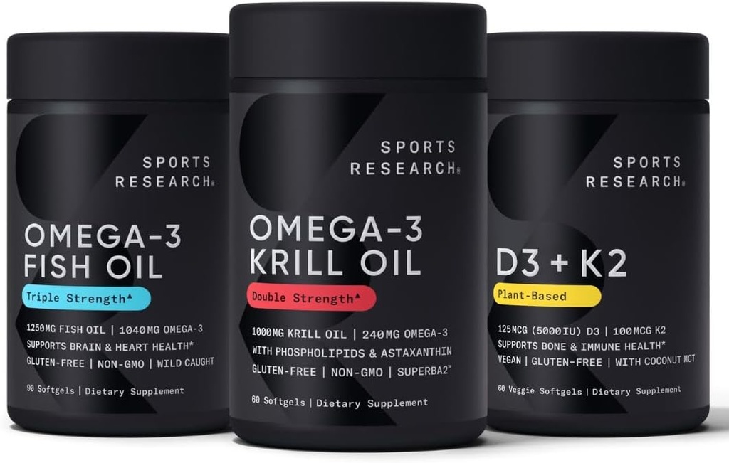 Sports Research Antarctic Krill Oil Omega 3 1000mg (Double Strength) with Phospholipids, Choline & Astaxanthin, Triple Strength Omega 3 Fish Oil Single-Source Wild Alaska Pollock 1250mg, Vitamin D3 K2