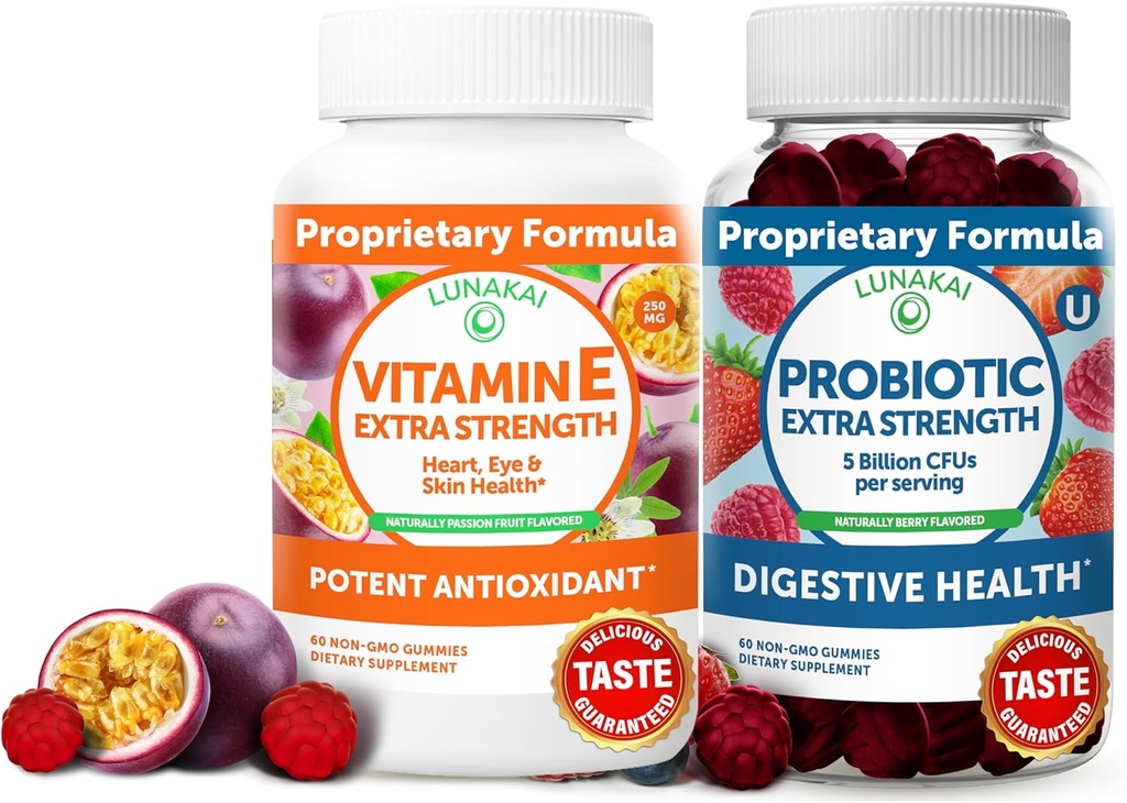 Lunakai Vitamin E and Probiotic Gummies Bundle - 3000 mcg Gummies for Adults Energy Support - with 5 Billion CFUs Per Serving for Digestive Health - Non-GMO, All Natural