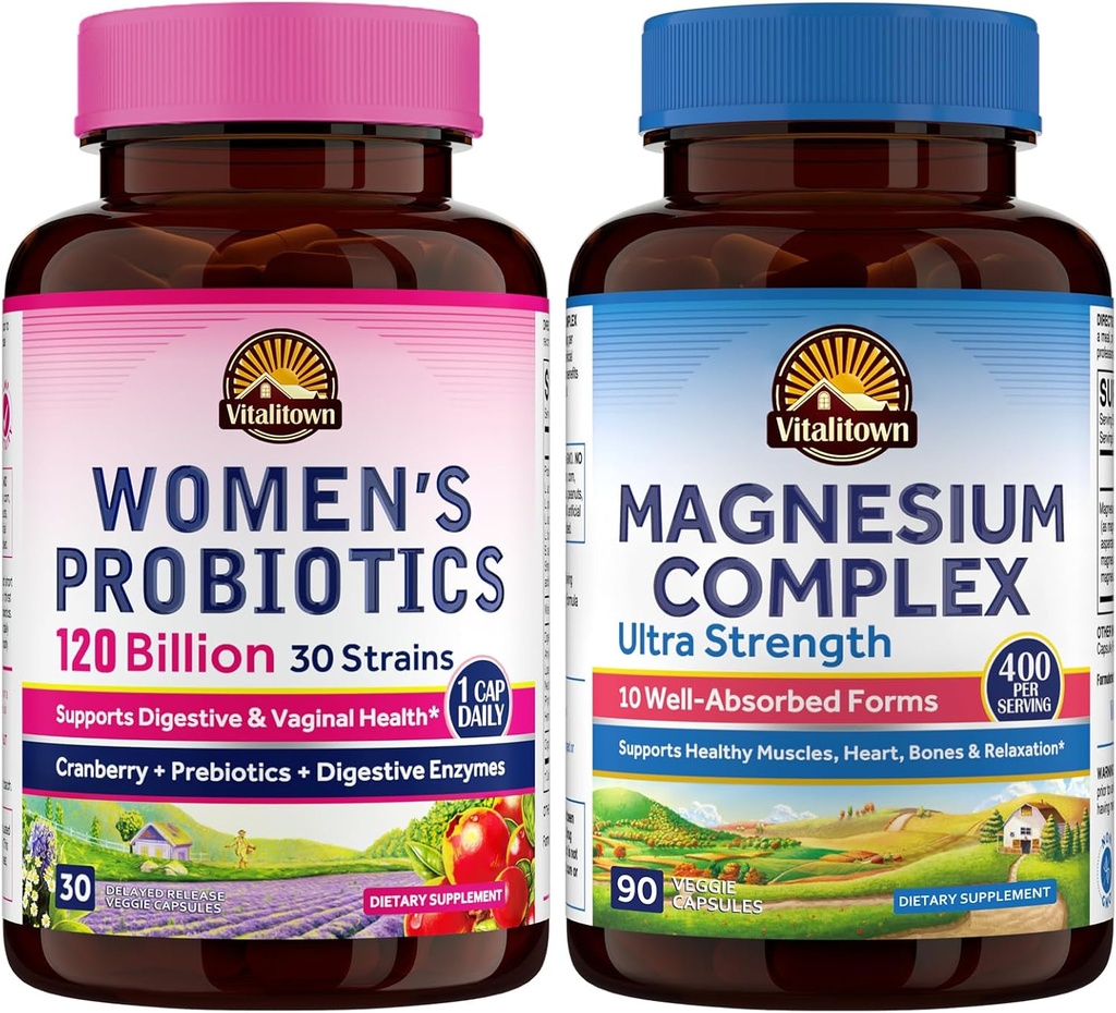 Vitalitown Magnesium + Probiotic Bundle (Pack of 2) | 10-in-1 Magnesium Complex & Women’s Probiotics 120 Billion CFUs | 90 Magnesium Caps & 30 Probiotic Caps