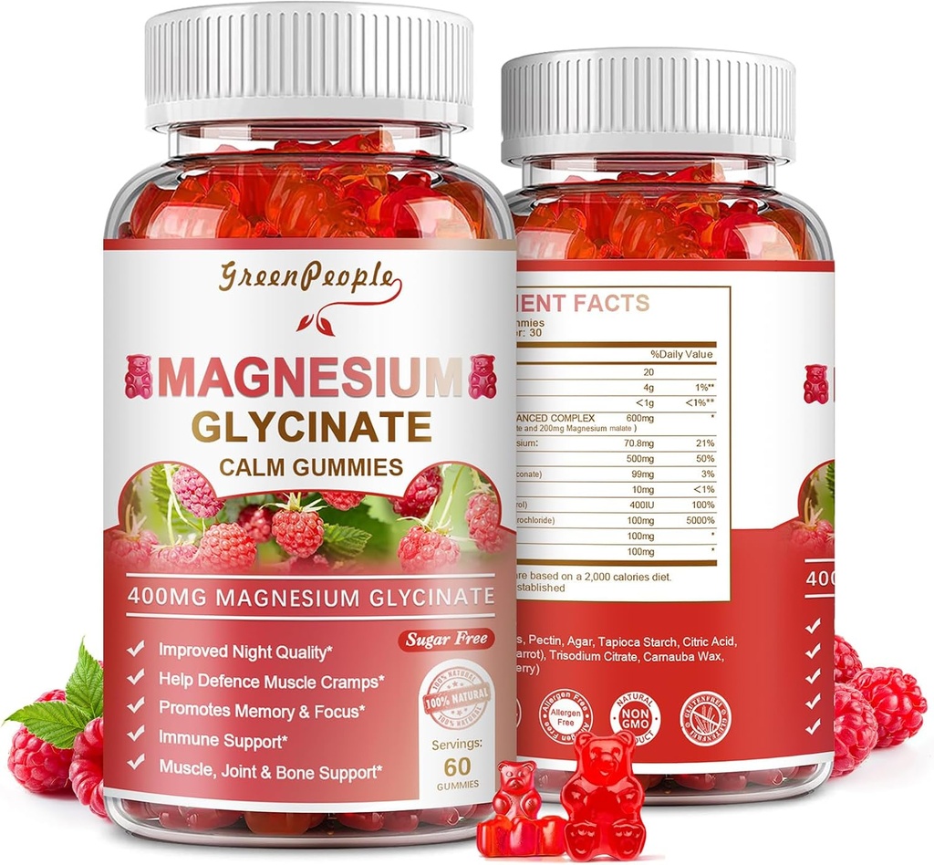 GREENPEOPLE Magnesium Glycinate Gummies 400mg - Sugar Free Magnesium Potassium Supplement with Magnesio Malate, Vitamin D, B6, and CoQ10 for Calm Support & Sleep for Adults - Raspberry Gummies