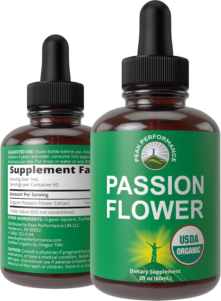 USDA Organic Passion Flower Extract Vegan Liquid Drops with High Bioavailability For Women and Men. Organic Passionflower Supplement With Zero Sugar and Gluten Free. For Calm, Relaxation Support.