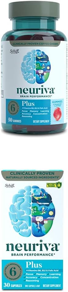 NEURIVA Nootropic Brain Support Supplement - Plus Strawberry Gummies (50 Count in a Bottle) with Nootropic Brain Support Supplement - Plus Capsules (30 Count in a Box)