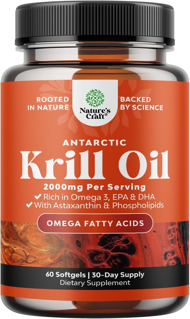 Antarctic Krill Oil 2000mg Softgels Per Serving - Omega 3 Krill Oil Supplement with EPA DHA & Astaxanthin (60 Count (Pack of 1)