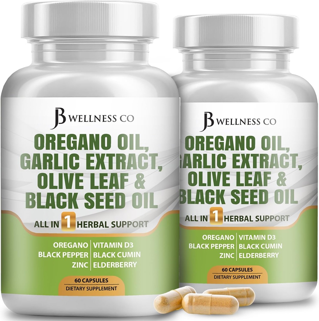 JB Wellness Oregano Oil, Garlic Extract, Olive Leaf, with Astragalus - Immune Support & Digestive Health Supplement for Women and Men - 120 Count