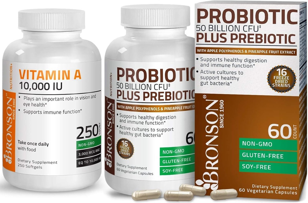 Bronson Probiotic 50 Billion CFU + Prebiotic with Apple Polyphenols & Pineapple Fruit Extract + Vitamin A 10,000 IU Premium Non-GMO Formula