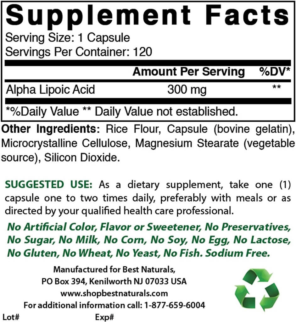 Best Naturals Alpha Lipoic Acid 300 mg & Acetyl L-Carnitine 500 Mg