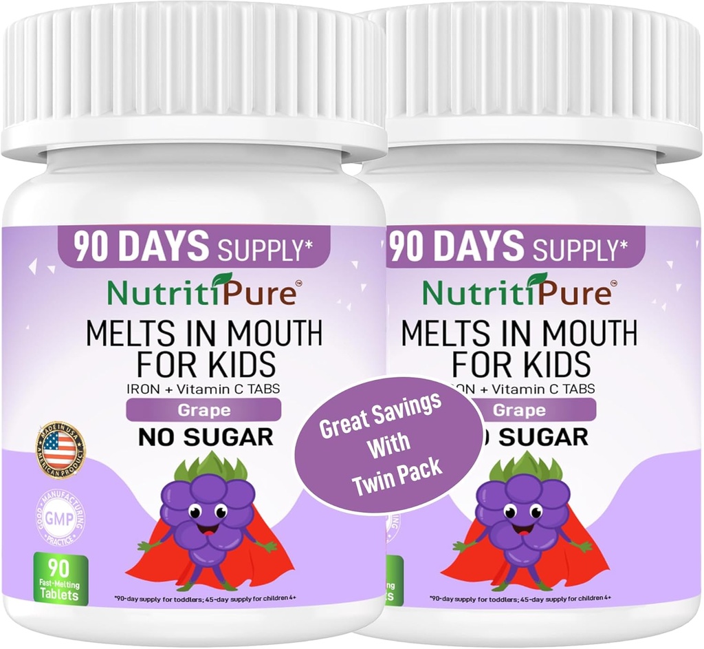 Kids Chewable Iron Supplement, Ferronyl® Carbonyl Iron 9 mg, Vitamin C 30 mg, Grape Flavor, 90 Tablets (2 Bottles)