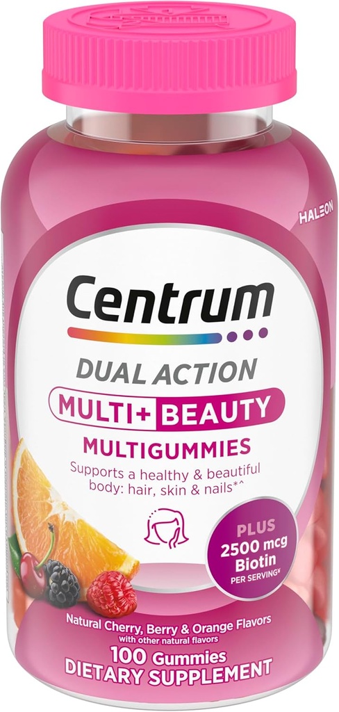 Centrum MultiGummies Multi+ Beauty Dual Action Multivitamin, Specially Designed with Biotin for Healthy Hair, Skin and Nails, Cherry/Berry/Orange Flavors - 100 Count