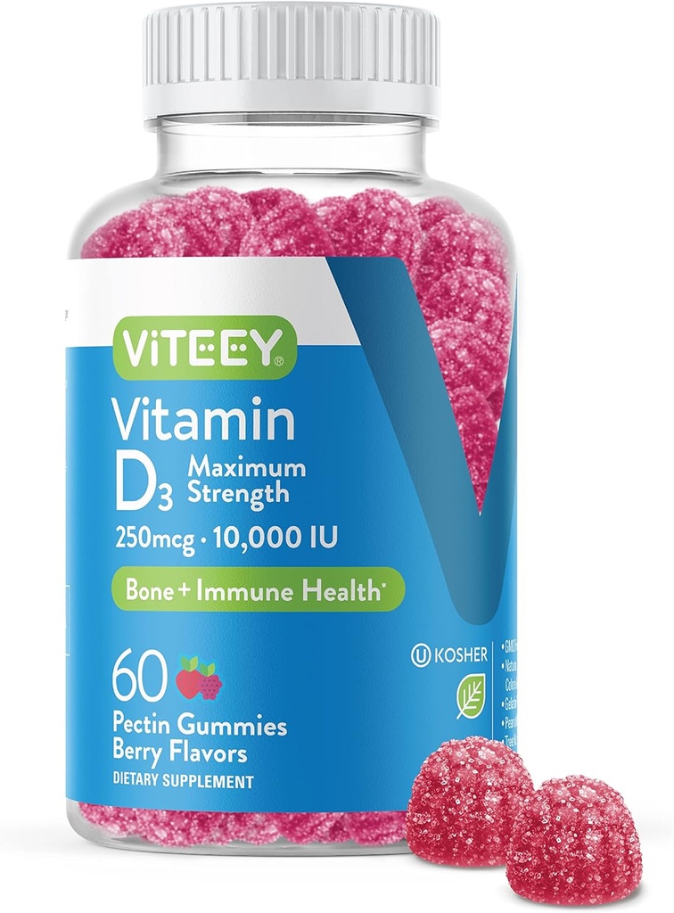 Viteey Vitamin D3 Gummies for Adults & Teens - 10,000 IU, 250mcg, Maximum Strength - Joint & Muscle Health, Immune Boost - Chewable Vitamin D Gummies - Vegetarian, Gelatin Free - Tasty Berry Flavored