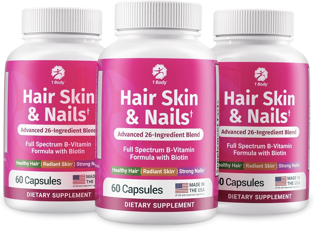 1 Body Hair Skin Nails Vitamin Complex with Biotin - Complete Formula with 26 Essential Vitamins for Men & Women - 3 Pack