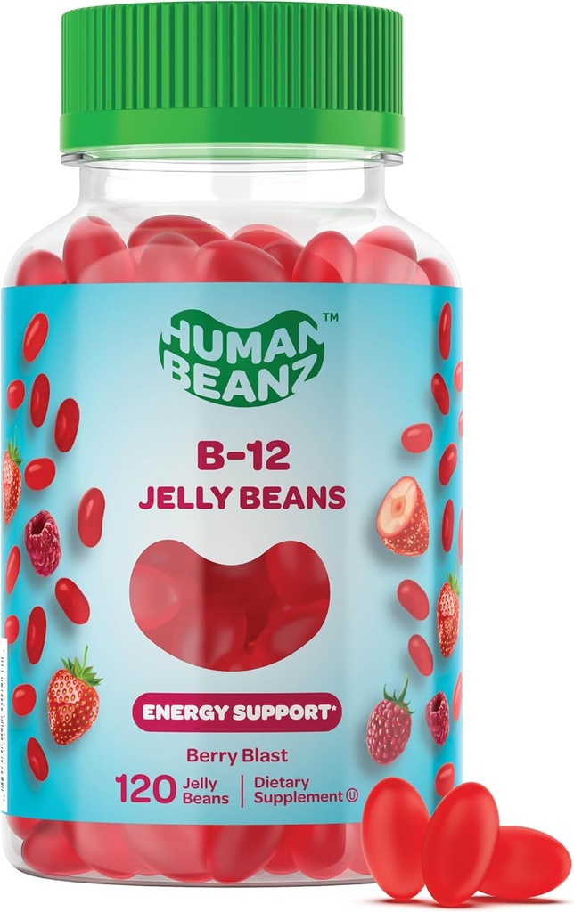 Methylated Vitamin B12, Jelly Bean Gummies for Adults, Brain Health and Energy Booster, Healthy Hair, Skin, and Nails, Nutritional Vegetarian Supplements, 120 Jelly Beans