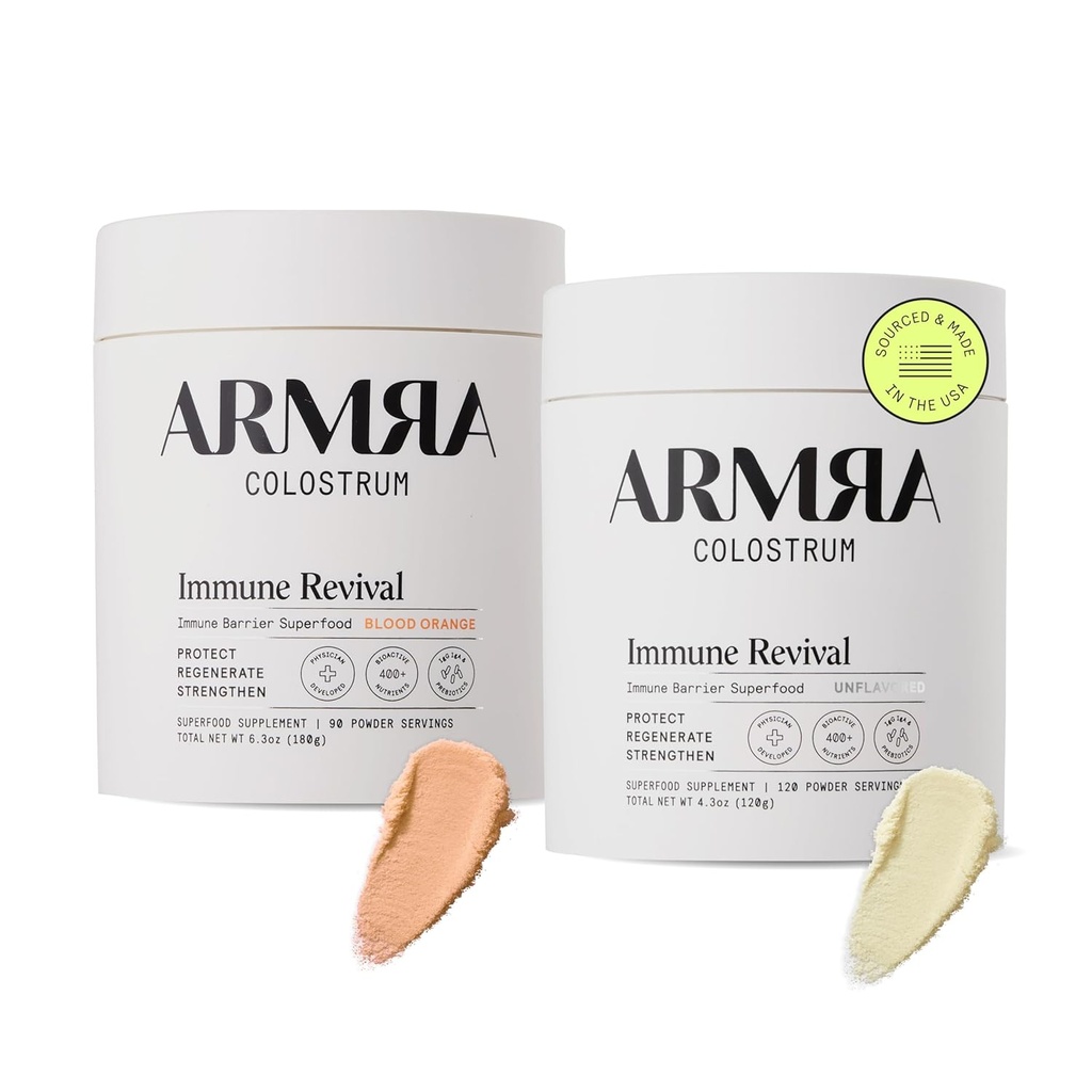 ARMRA Colostrum™ Premium Powder, Grass Fed, Gut Health Bloating Immunity Skin & Hair, Contains 400+ Bioactive Nutrients, Potent Bioavailable, Keto, Gluten & Fat Free (Unflavored and Blood Orange Jars)