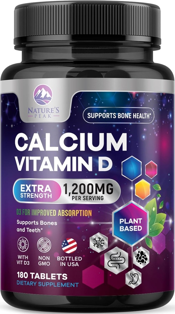 Calcium 1200 mg with Vitamin D3 - Bone Health Supplement, Vitamin D & Calcium Supplements for Women & Men - Bone Strength, Teeth & Immune Support, Nature's Calcium Pills, Bottled in USA - 180 Tablets