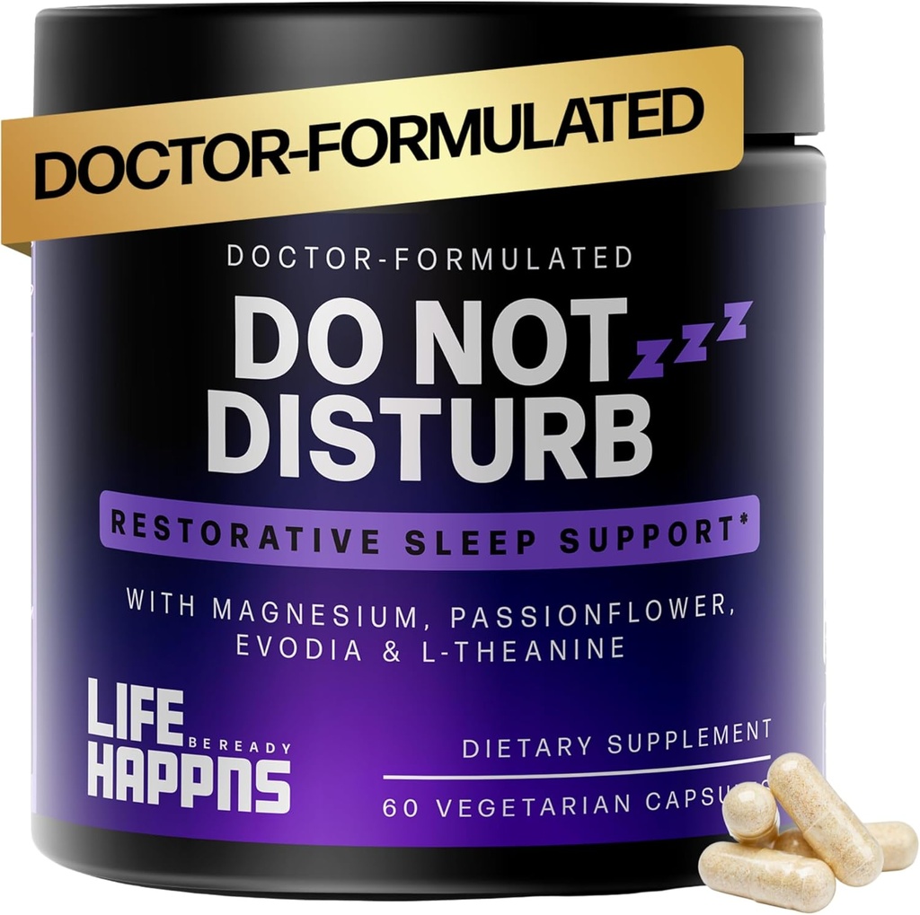 Life Happns Do Not Disturb Sleep Aid for Adults Natural Supplement with L-Theanine, Magnesium, Passion Flower & Evodia Fruit for Restorative Sleep Melatonin-Free, Non Habit-Forming, 60 Capsules