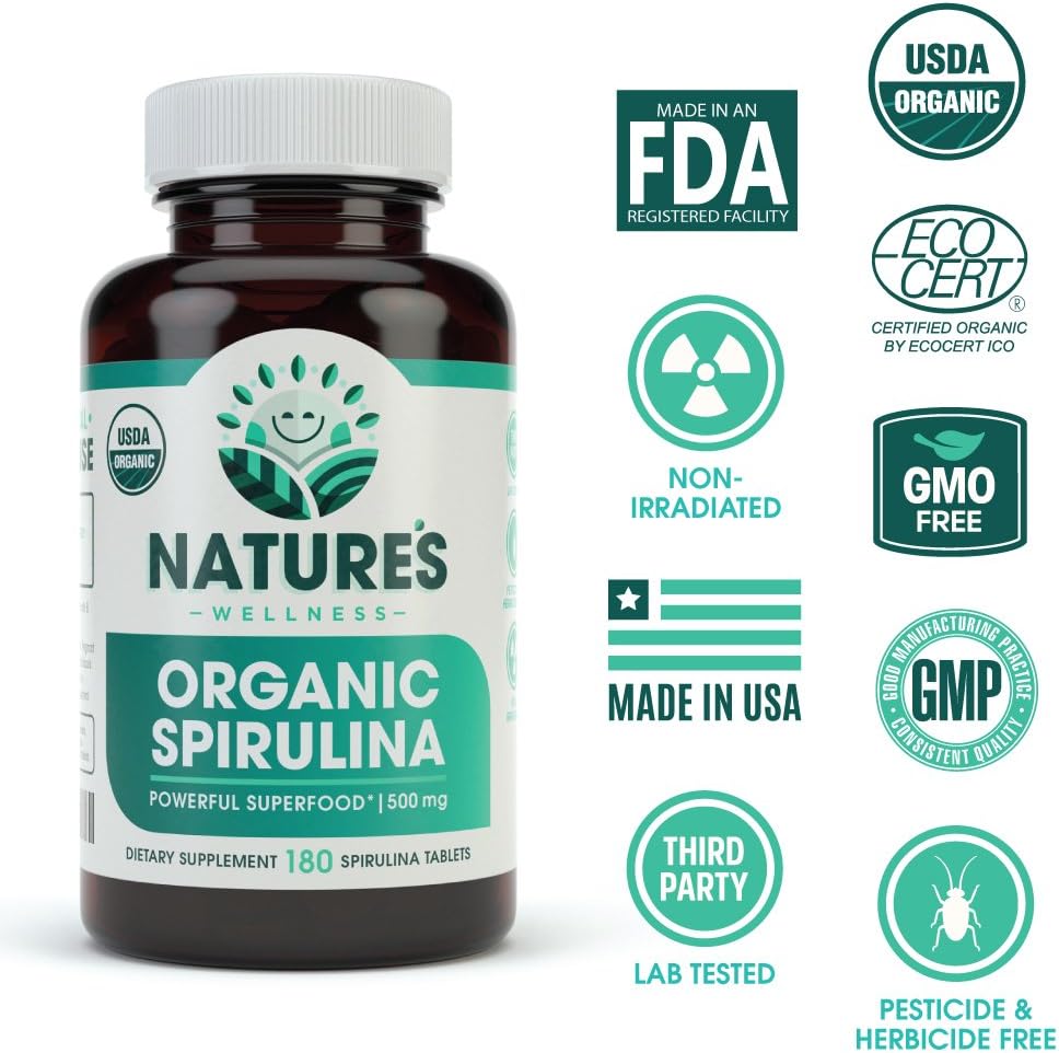 USDA Organic Spirulina Tablets - Non-GMO Green Superfood Supplement: 3000mg of Fresh Blue Green Algae, Vegan, Gluten Free, Sustainably Grown, Pesticides Free and Non-Irradiated, 500mg per Tablet, 180'