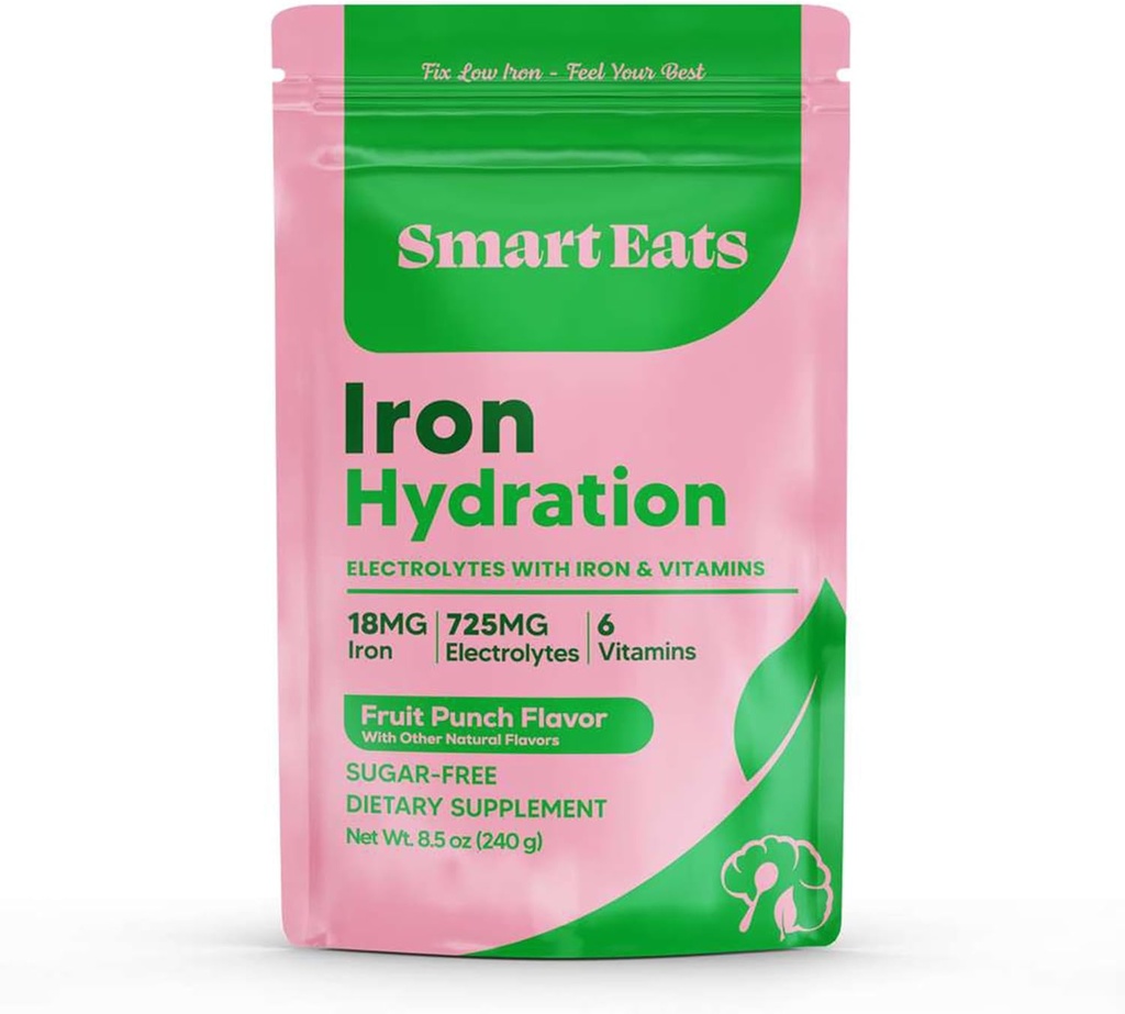 Smart Eats Electrolytes Powder - 18mg Gentle Iron, 725mg Electrolytes, 6 Vitamins to Boost Absorption, Sugar Free, Simple Ingredients, Fruit Punch Flavor - 30 Scoops