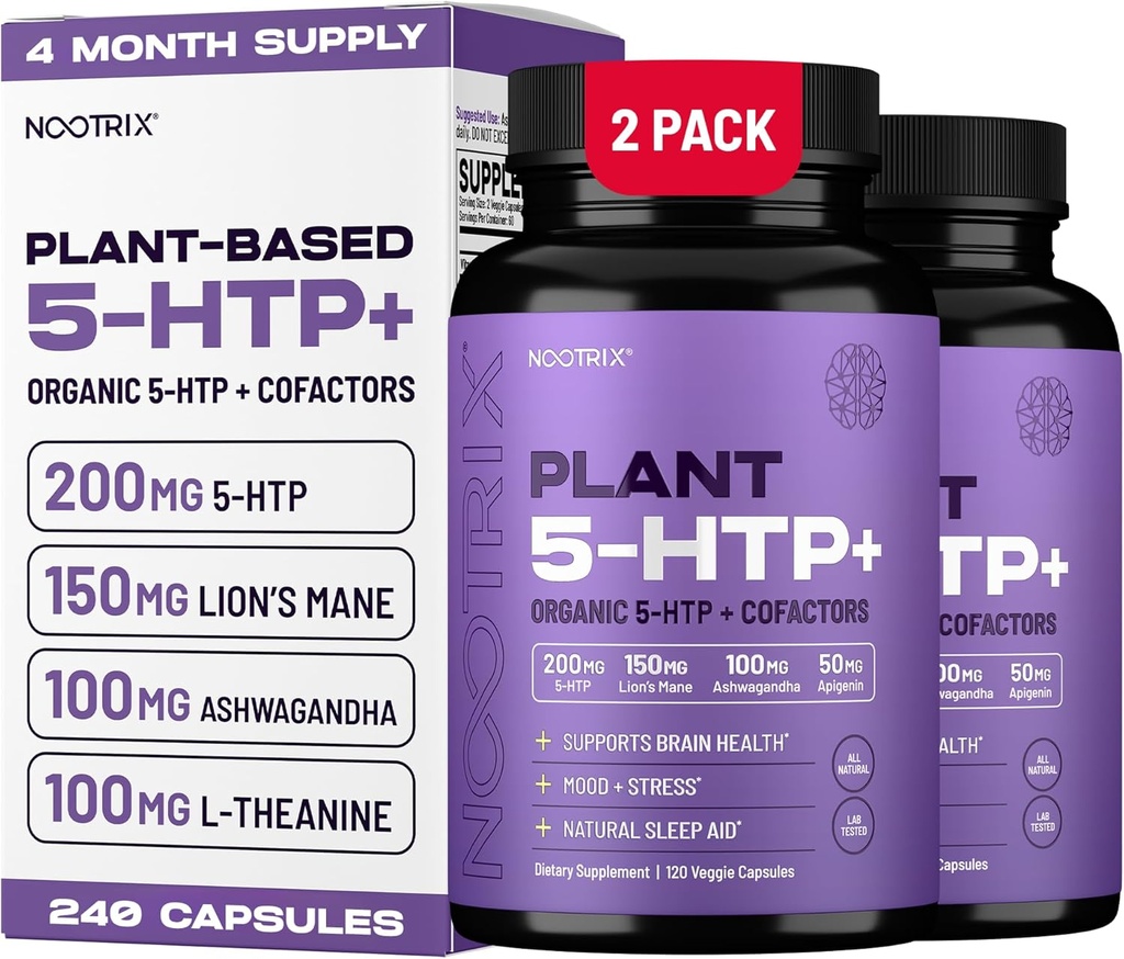 Nootrix Organic Plant 5 HTP+ Supplement | Supports Memory, Mental Focus, Cognitive Health & Energy | Promotes Healthy Mood & Brain Function | Vitamin B6 & L Theanine | 240 Capsules