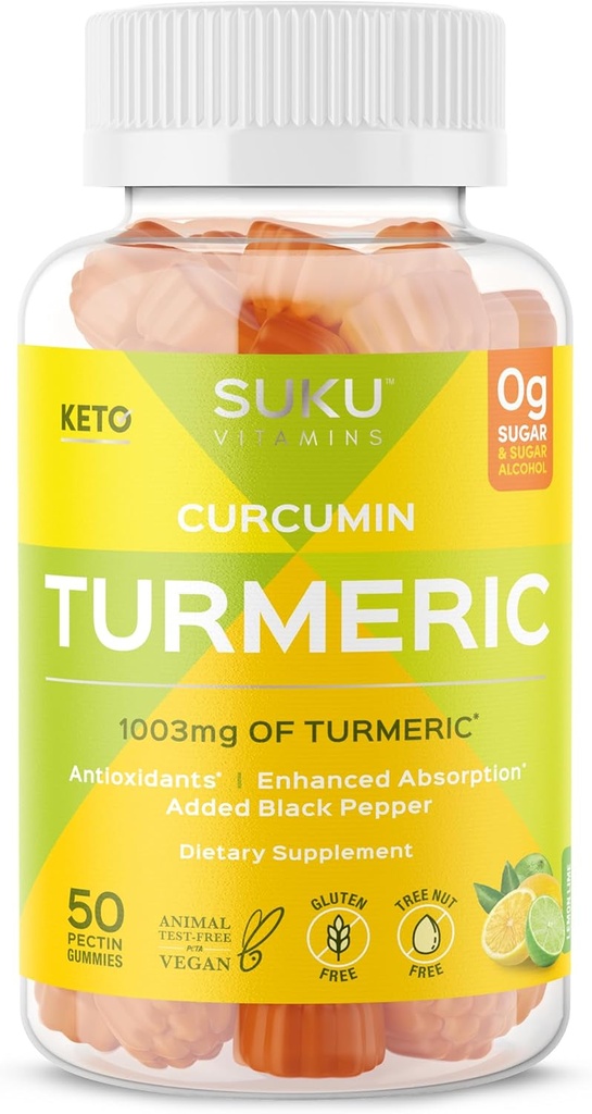 SUKU Turmeric Curcumin Sugar Free Gummies with 1003mg of Turmeric - Black Pepper Protects Liver, Improves Digestion, Inflammation Response & Joint Health – Lemon Lime Flavour (50 Gummies)