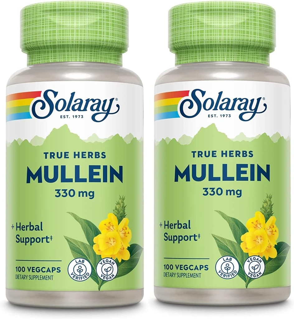 SOLARAY Mullein Leaf, Herbal Support for Healthy Respiratory and Bronchial Function 330mg, Vegan, 100 Servings, 100 VegCaps (Pack of 2)