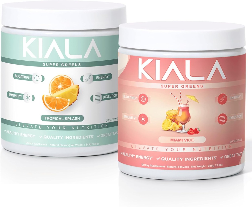 Kiala Nutrition Super Greens, Organic Greens Powder, Spirulina & Chlorella Superfood Powder, Sugar & Gluten Free Vegan, Spectra Blend, Tropical Slush Miami Vice, 2 Pack