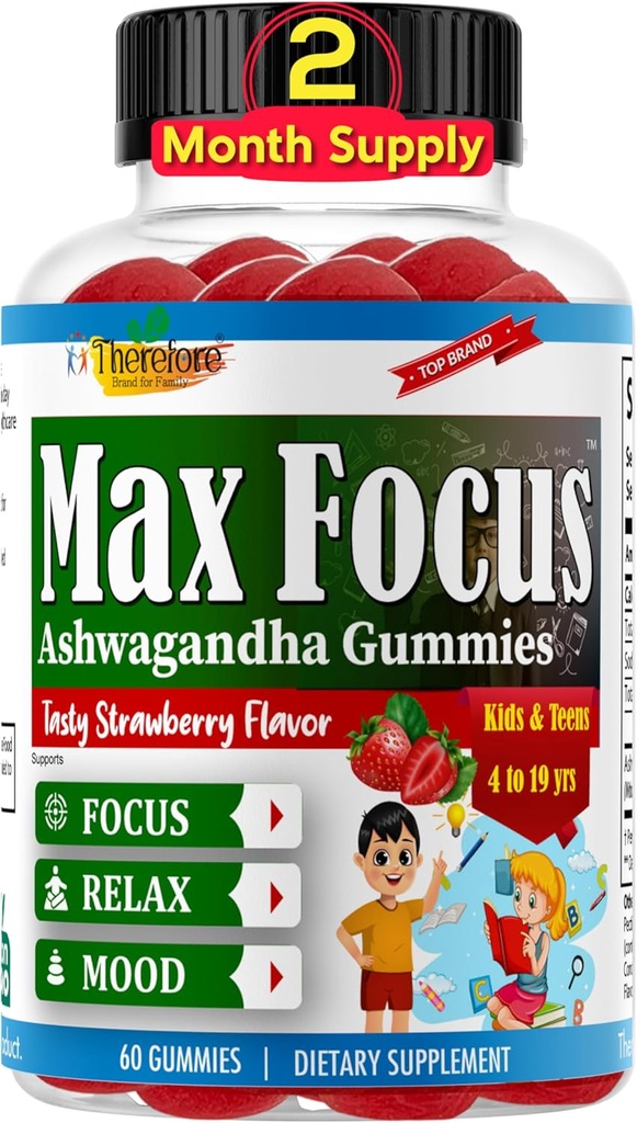 Therefore Ashwagandha Calm & Focus Gummies for Kids & Teens, Support Calm Mood, Relaxation, Anti Stress, Memory, Energy, Relaxation, Low Sugar Vegan, Fruity Flavored- 60 Gummies