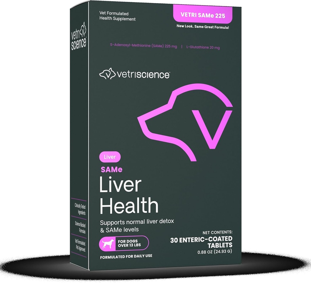 VetriScience SAMe Liver Health Tablets, 225 mg S-Adenosyl-Methionine Liver Health and Detox Supplement for Medium and Large Breed Dogs, Glutathione Antioxidant Liver Support, 30 Count