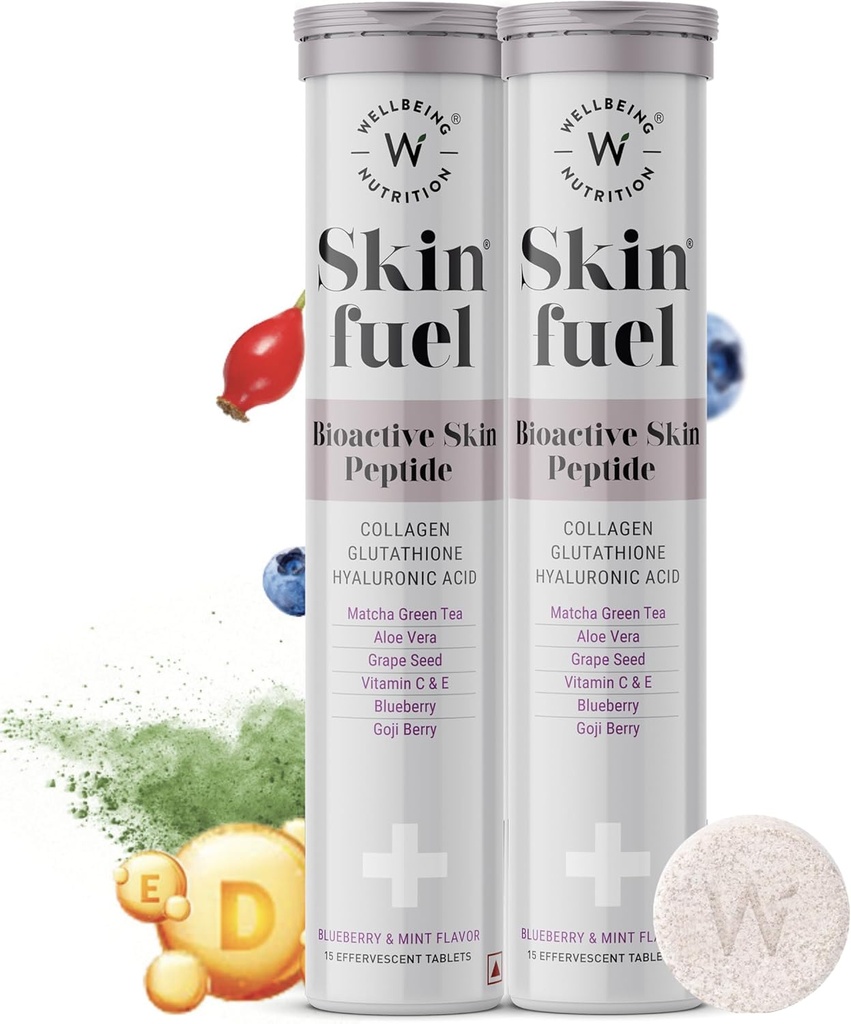 WELLBEING NUTRITION Skin Fuel with Collagen, L-Glutathione, Hyaluronic Acid, Matcha Green Tea, Aloe Vera, Grape Seed, Vitamin C, E - 30 Effervescent Tablets