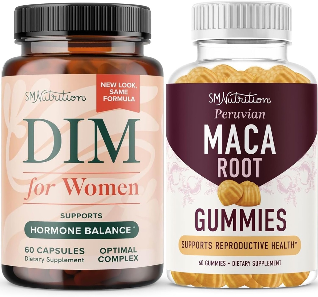 Maca Root Gummies and Women's DIM Supplement | Hormone Balance Bundle with Peach Flavor Maca Gummies (30 Servings) and 250mg Diindolylmethane DIM Supplement for Women (60 Servings)