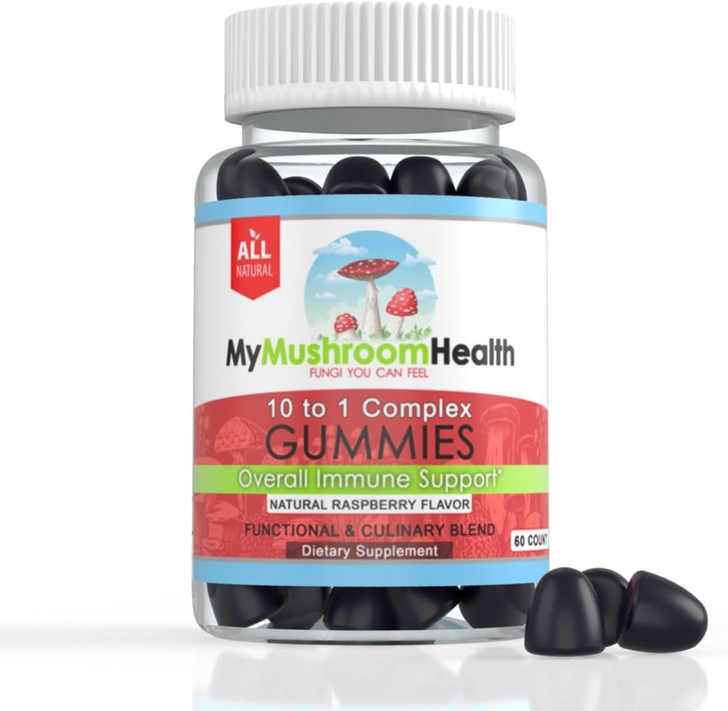 All in one Daily Supplement Gummies -10 in 1 Functional/Culinary Mushroom Blend, Immune Support & Stress Relief, Focus, Energy, Mood, Cognitive Balance - Berry- 60 Gummies