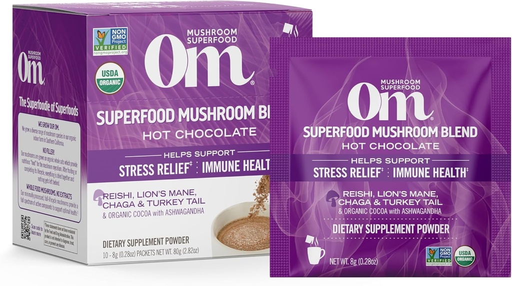 OM MUSHROOM SUPERFOOD Hot Chocolate Blend – Dutch Cocoa Mushroom Powder with Lion’s Mane, Reishi, Chaga & Turkey Tail – Focus, Calm & Stress Support – 2g Sugar, 25 Calories – Single Serve (10 Count)