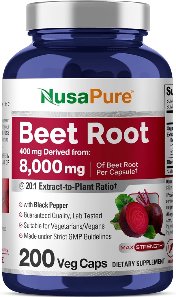NusaPure Organic Beet Root 20:1 Extract, 400 mg Equivalent to 8,000 mg - Black Pepper 4:1 Extract, 10 mg - 200 Veggie caps (Vegan, Non-GMO)