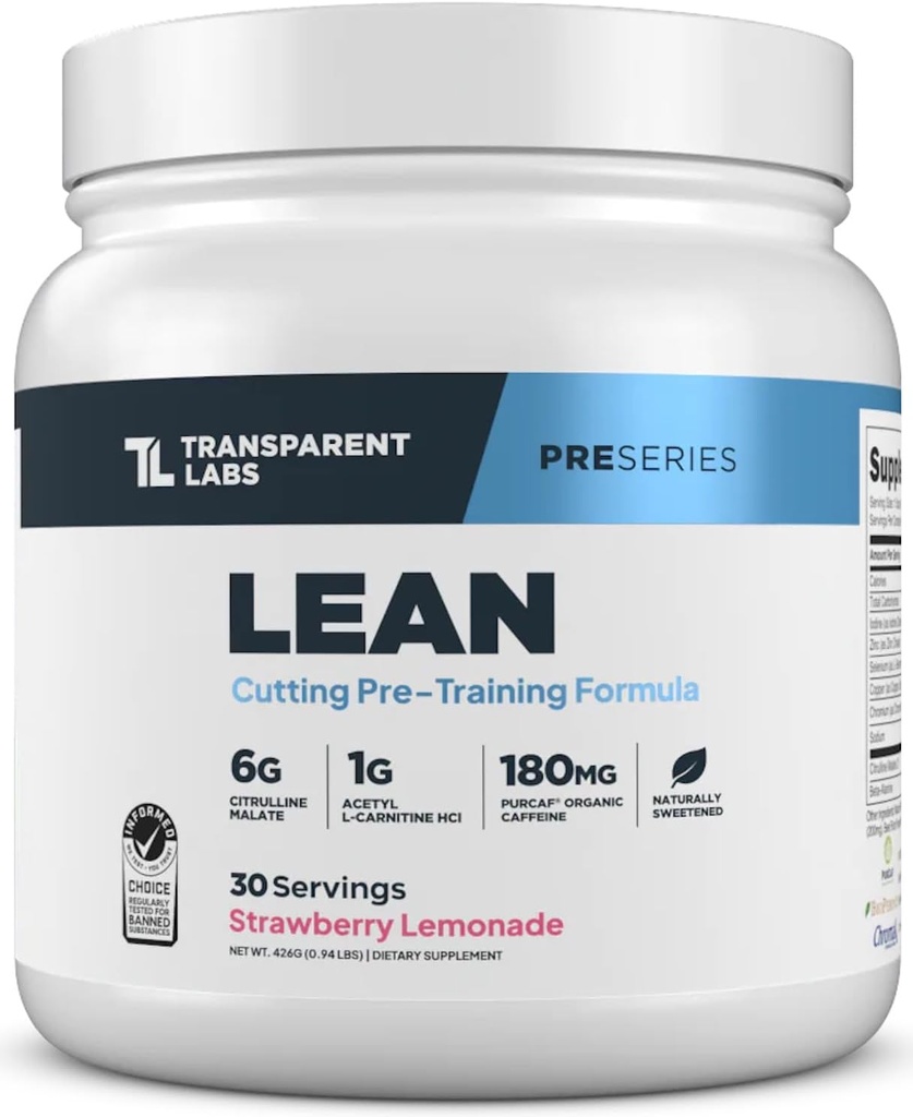 Transparent Labs Lean Pre-Workout - Body Recomposition Pre Workout for Men and Women with Acetyl L-Carnitine, Beta Alanine Powder, & PurCaf Organic Caffeine Powder - 30 Servings, Strawberry Lemonade
