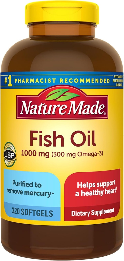 Nature Made Fish Oil Omega 3 Supplements, 1000mg Softgels, Omega 3 Fish Oil for Healthy Heart Support, 320 Softgels, 160 Day Supply