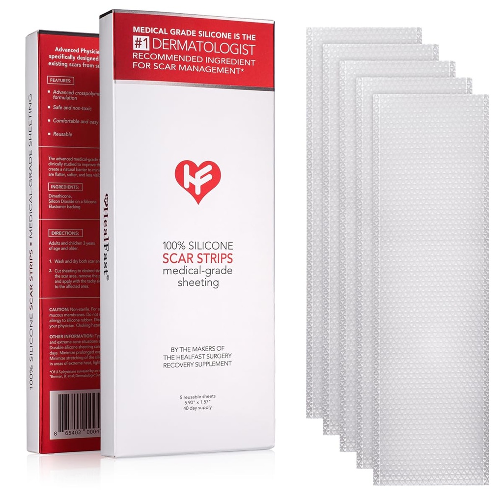 HealFast Physician Formulated Silicone Scar Sheets - Advanced Crosspolymer Medical Grade Silicone Scar Strips for Surgery, C Section, Keloids & Hypertrophic Scars - Silicone Tape For Scars (5 Sheets)