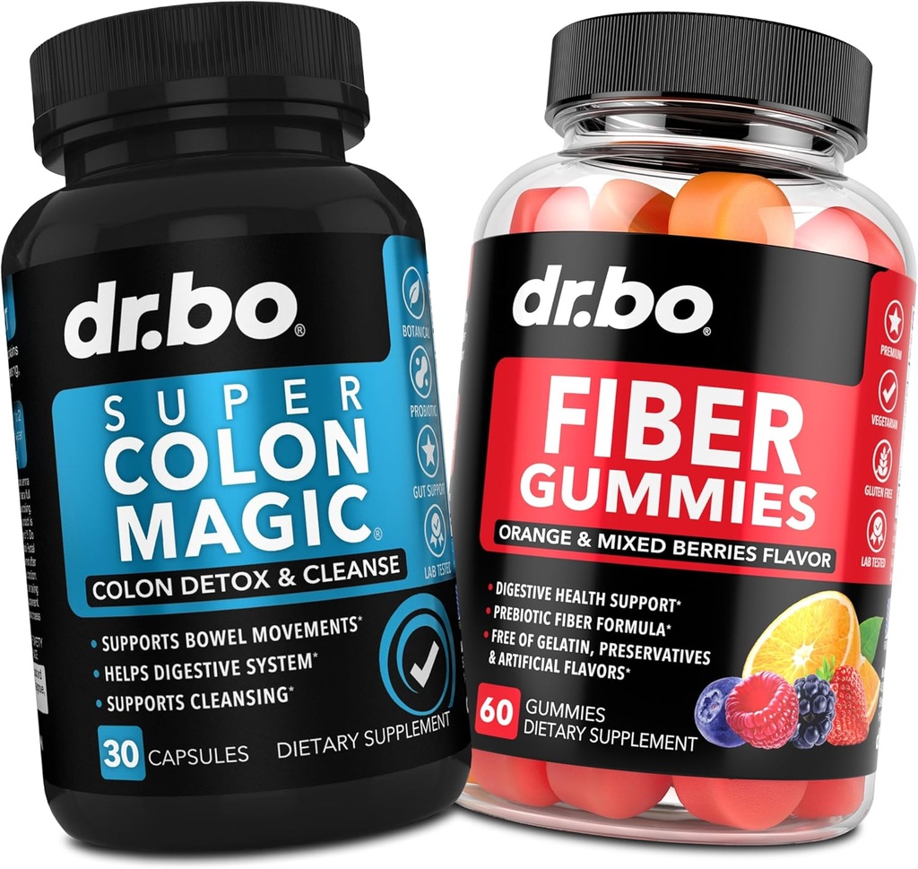 DR. BO Fiber Gummies & Colon Cleanse Supplements - Tasty Gummy Prebiotic Fiber Supplement - Super Colon Magic Bowel Movement Support for Gut & Stomach Cleansing