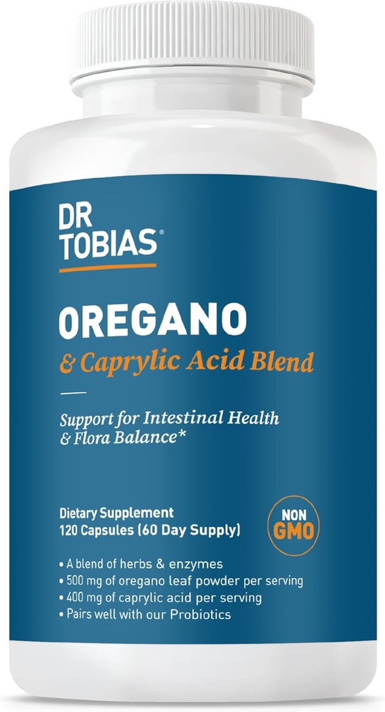 Dr. Tobias Oregano and Caprylic Acid Blend, Gut Flora Balance Complex with Probiotics & Enzymes for Intestinal and Immune Support, Gut Health Supplements for Women & Men, 120 Capsules, 60 Servings