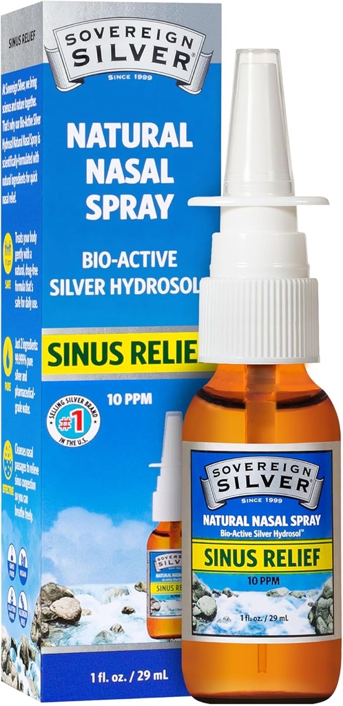 Sovereign Silver Natural Nasal Spray - Colloidal Silver Nasal Spray, Bio Active Nose Mist for Sinus Congestion and Immune Support, Adults and Kids, 10 ppm - 1 fl oz (29mL)